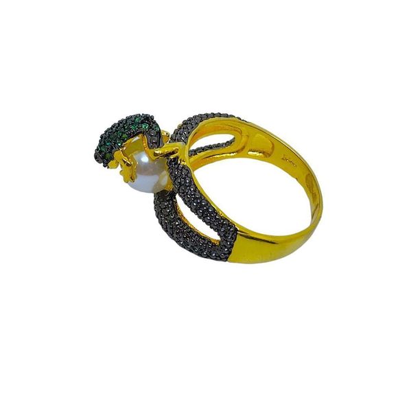 Gold Plated Round Green and Red Cubic Zirconia Frog on Faux Pearl Ring Size 9.5 - Picture 3 of 8